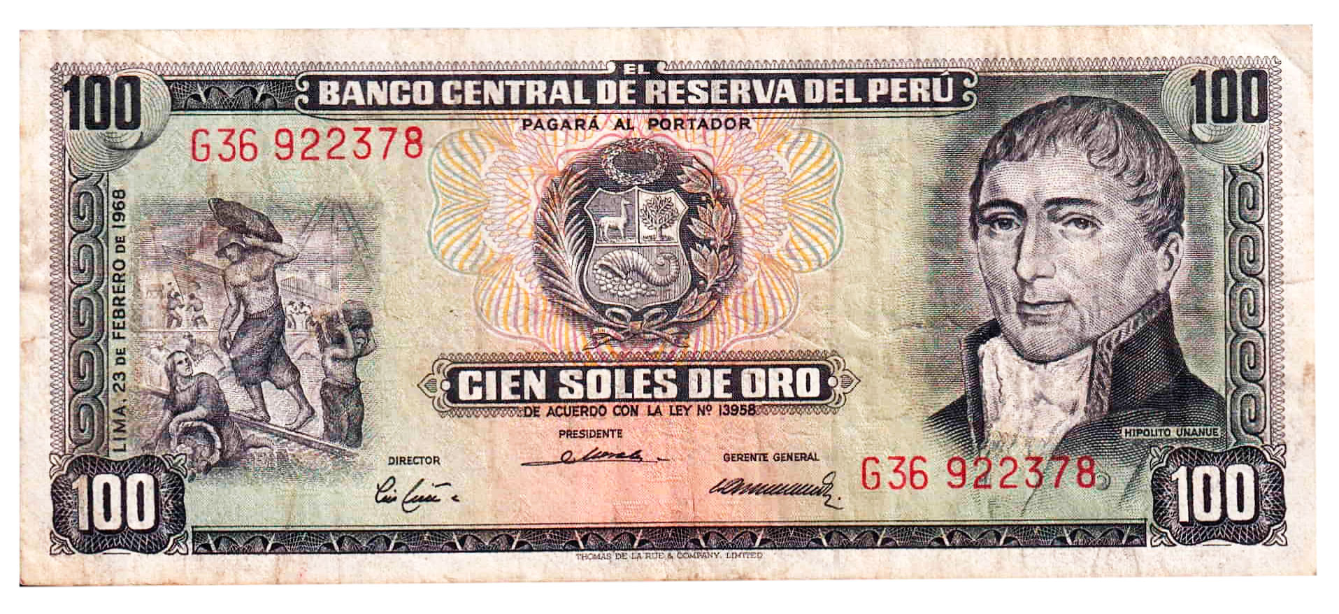 BILLETE 100 CIEN SOLES DE ORO 1968 PERU
