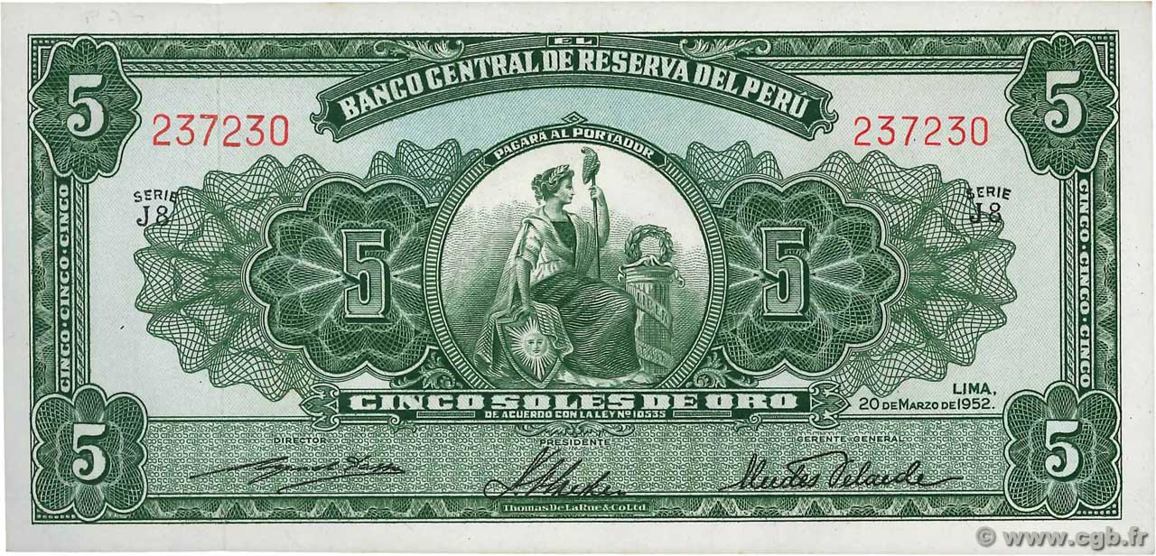 5 CINCO SOLES DE ORO 1952 PERU