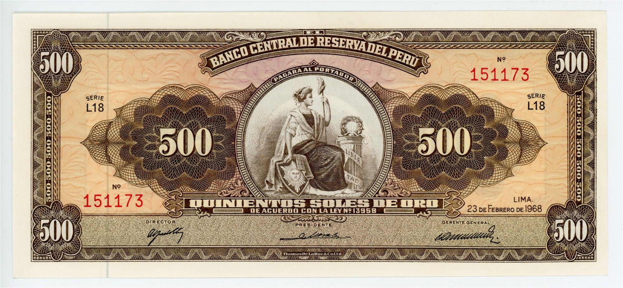BILLETE 500 QUINIENTOS SOLES DE ORO 1968 PERU