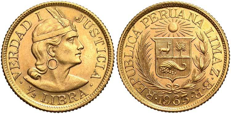 MEDIA 1/2 LIBRA DE ORO 1963 PERU