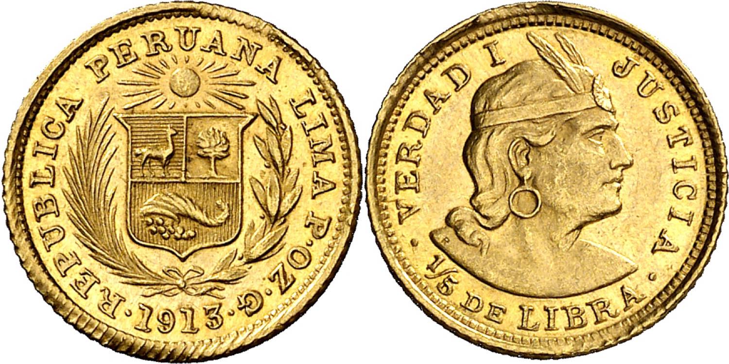 UN QUINTO 1/5 DE LIBRA DE ORO 1913 PERU