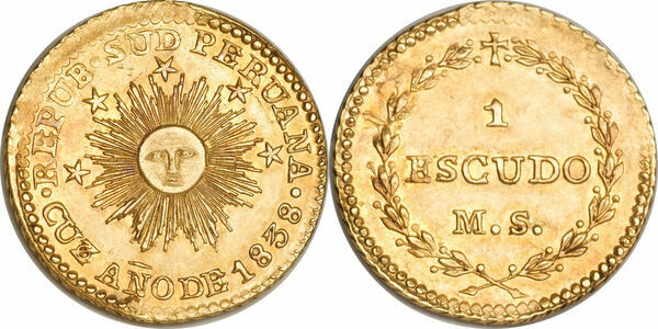 1 ESCUDO DE ORO 1838 REPÚBLICA DEL SUR DEL PERÚ