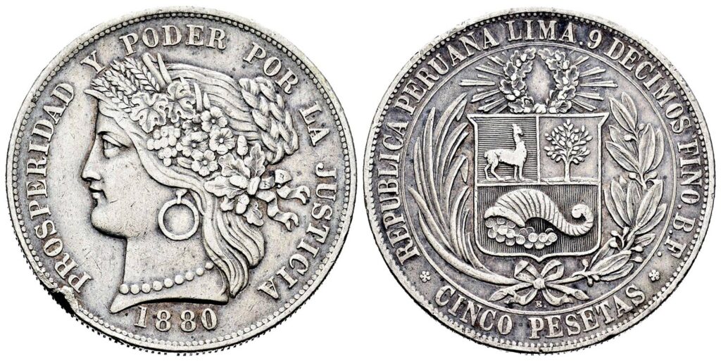 5 PESETAS DE PLATA 1880 PERÚ