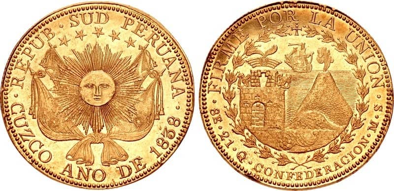 8 ESCUDOS DE ORO 1838 REPÚBLICA DEL SUR DEL PERÚ