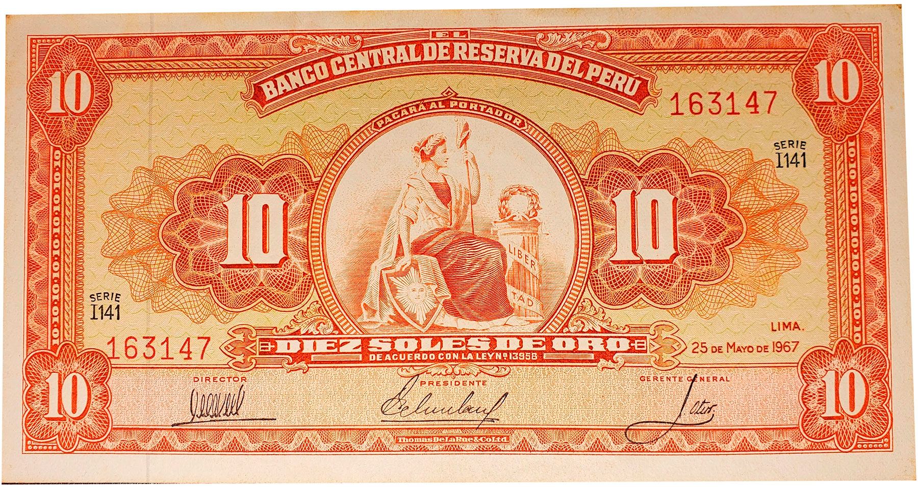 BILLETE 10 DIEZ SOLES DE ORO 1967 PERU