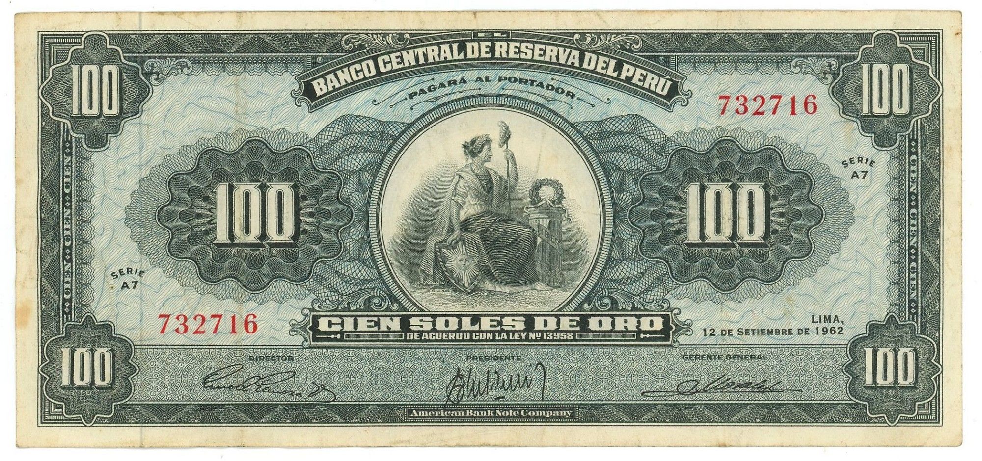BILLETE 100 CIEN SOLES DE ORO 1962 PERU