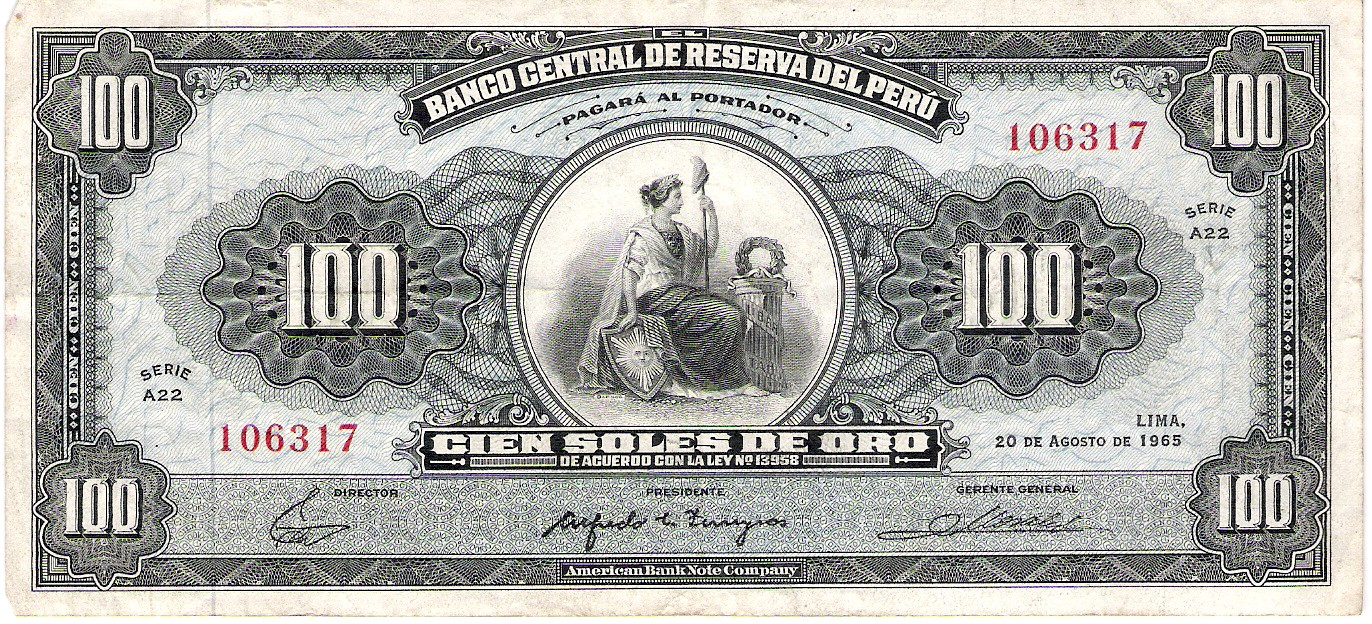 BILLETE 100 CIEN SOLES DE ORO 1965 PERU
