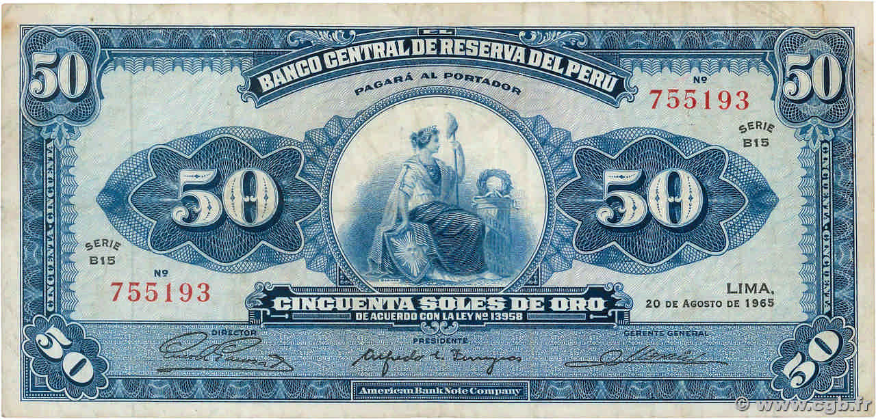 BILLETE 50 CINCUENTA SOLES DE ORO 1965 PERU