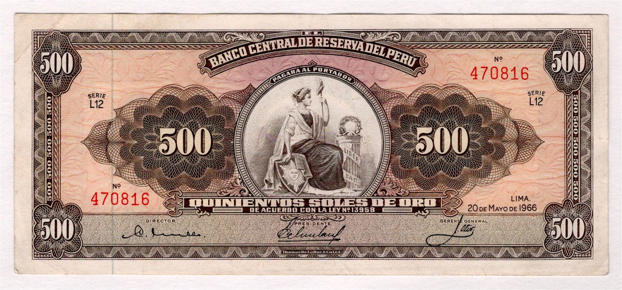 BILLETE 500 QUINIENTOS SOLES DE ORO 1966 PERU
