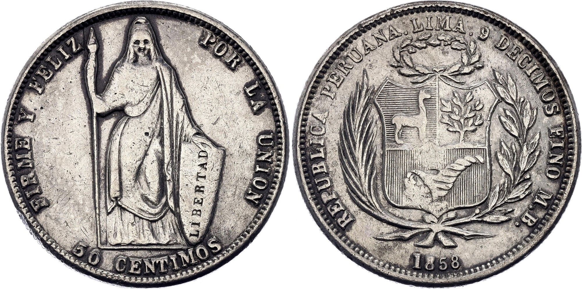 MONEDA 50 CINCUENTA CÉNTIMOS 1858 PERÚ