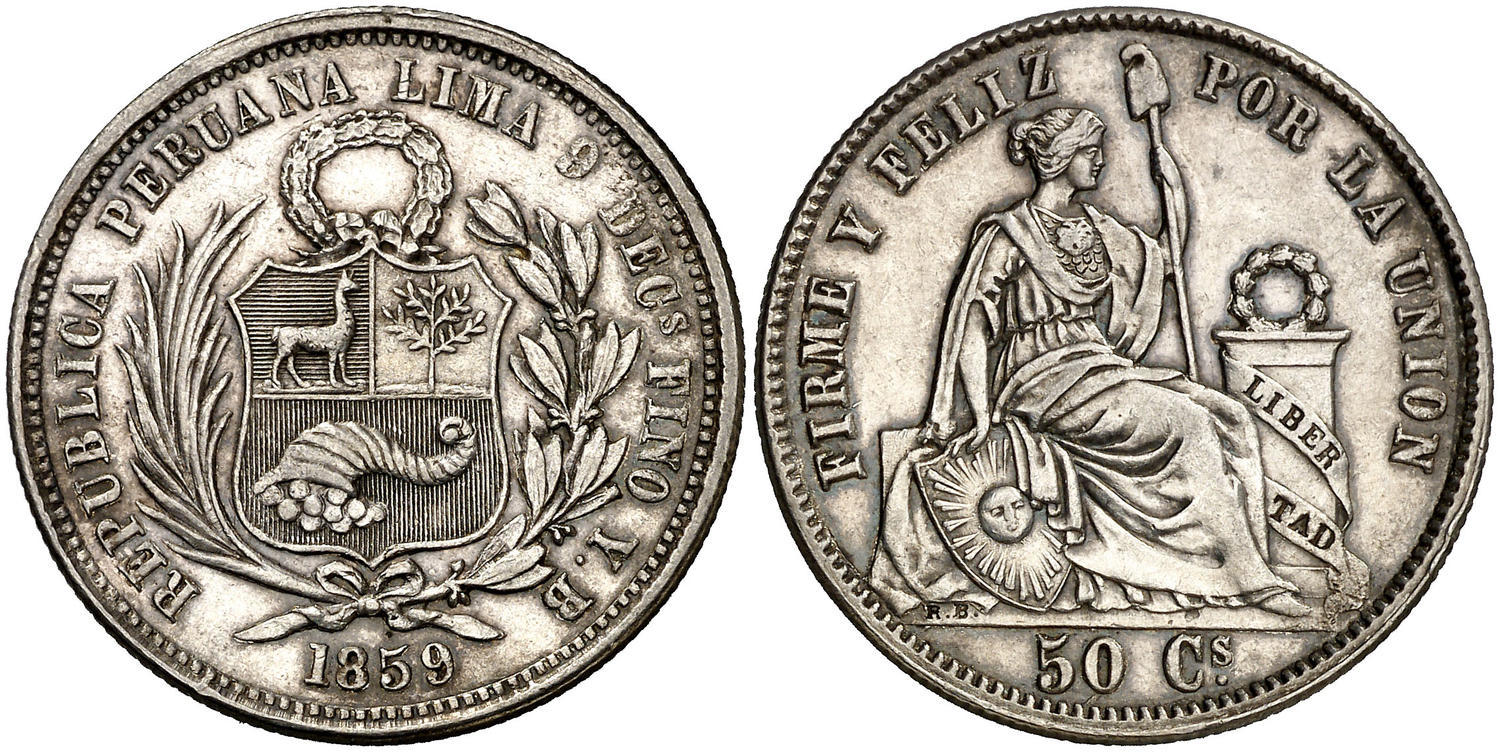 MONEDA 50 CINCUENTA CÉNTIMOS 1859 PERÚ
