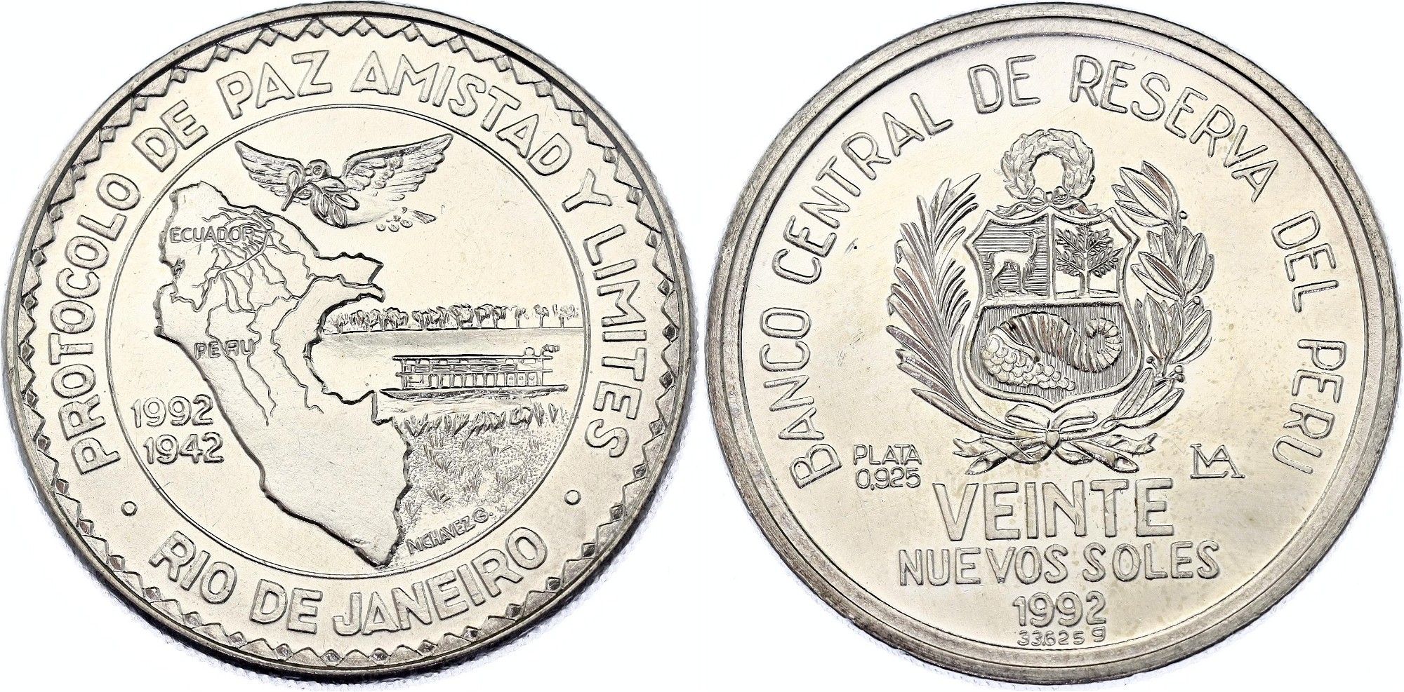 MONEDA CONMEMORATIVA 20 NUEVOS SOLES 1942-1992 RIO DE JANEIRO