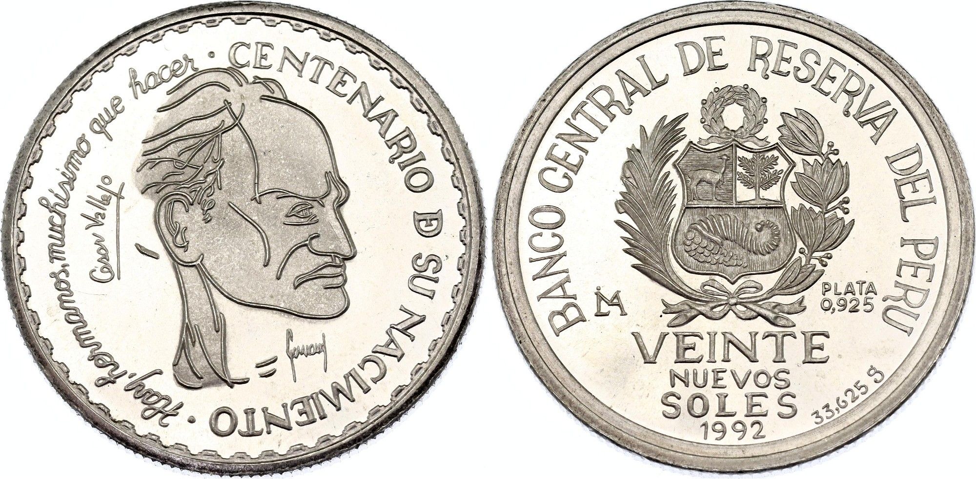 MONEDA CONMEMORATIVA 20 NUEVOS SOLES 1992 CESAR VALLEJO